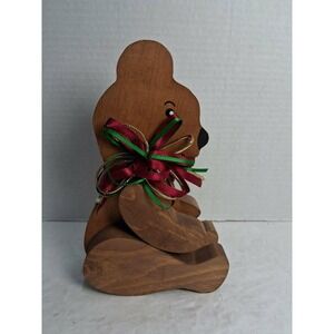 Vintage Handmade Wooden Teddy Bear Figurine Seated Articulated Christmas Holiday